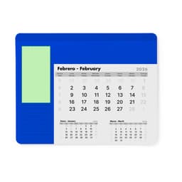 A blue mousepad calendar featuring a monthly layout for February 2026, with sections for notes and a logo.