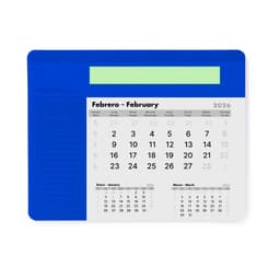A blue mousepad calendar featuring months in English and Spanish, with a section for notes at the top.