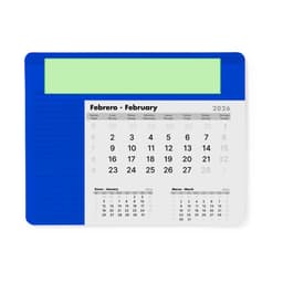A blue mousepad featuring a calendar layout for February 2026 with a green section at the top and a logo.