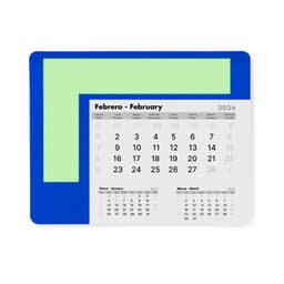 A blue mousepad featuring a calendar for February 2026, with a green section on top. It includes daily date grids.