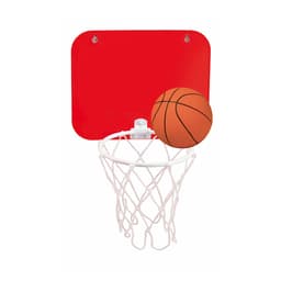 A red basketball hoop with a white net and an orange basketball positioned near the rim.