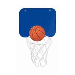 A mini basketball hoop with a blue backboard and an orange basketball resting on the white net.