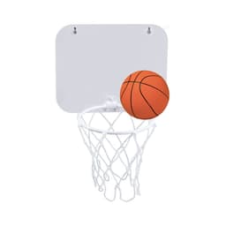A basketball hoop with a white backboard and an orange basketball going through the net.