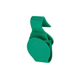 A green plastic clip designed for securing items together, featuring a circular base and an adjustable clip.