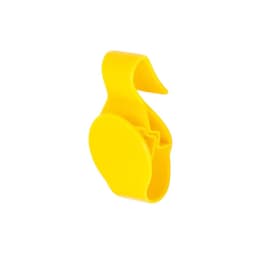 A bright yellow plastic clip with a curved design, featuring a logo on the surface.