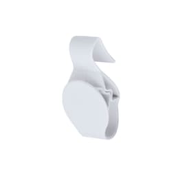 A white multipurpose clip with a circular base and a curved handle. It features a logo on the surface.