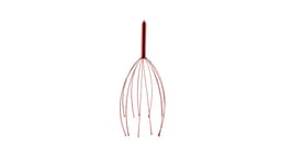 A red massager with multiple flexible prongs and a pointed handle, designed for personal health and comfort.