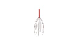 A red hand-held massager with a long handle and multiple flexible prongs. It has a simple design and is lightweight.