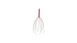 A red massager with a handle and multiple thin, flexible rods extending outward. It features a simplistic design.