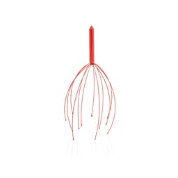 A red massager with multiple flexible prongs and a central handle, designed for health and personal wellness.