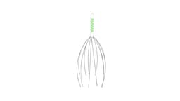 A silver garden tool with long, curved prongs and a green handle. It has a logo on the handle.