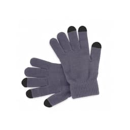 A pair of grey gloves with black fingertips, featuring a logo on the cuff.