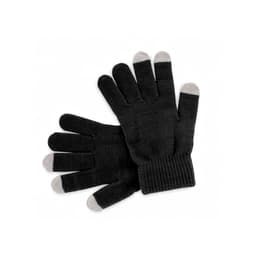 Black gloves with grey-tipped fingers, featuring a ribbed cuff and a textured finish. Includes a logo.