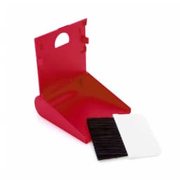 A red dustpan with a white brush. The dustpan features a handle and a compact design.