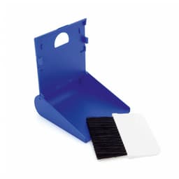 A blue dustpan with an attached black brush, featuring a compact design for easy storage.