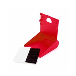 A red dustpan with a white brush, designed for home cleaning tasks. It features a compact, foldable design.