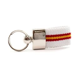 A keyring featuring a silver metal clip and a white strap with red and yellow stripes.