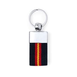 A keyring featuring a rectangular design with red, yellow, and black stripes and a silver metal attachment.