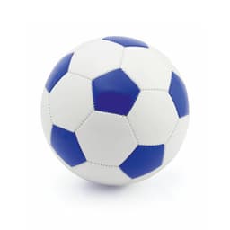 A soccer ball featuring white panels with blue pentagons and stitching, showcasing its classic design and colours.