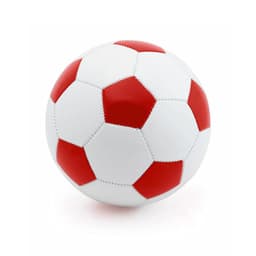 A white soccer ball with red pentagon and hexagon patches, featuring visible stitching and a branding logo.