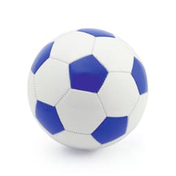 A white and blue soccer ball with hexagonal panels and visible stitching, featuring a logo.