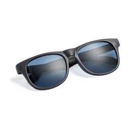 Sunglasses in black with dark lenses, featuring a sleek design and a logo on the frame.
