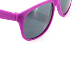 A pair of sunglasses featuring a bright pink frame and dark green lenses, with a logo on the side.