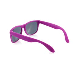 Purple sunglasses with a matte finish and grey lenses, featuring arms that curve at the ends. Logos are present.