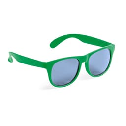 Green sunglasses with blue lenses, featuring a plastic frame and a branded logo on the arm.