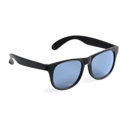 Black sunglasses with blue lenses, featuring a simple design and a logo on the side of the frame.