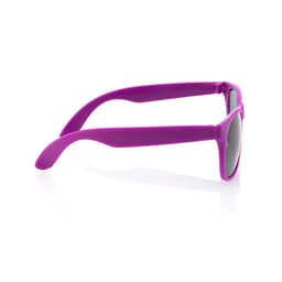 Purple sunglasses with a sleek design and dark lenses, featuring a logo on the side of the frame.
