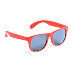 Bright coral sunglasses with mirrored blue lenses and a sleek design. Features a logo on the arm.