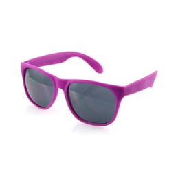 A pair of purple sunglasses with dark lenses and a matte finish, featuring a branded logo.