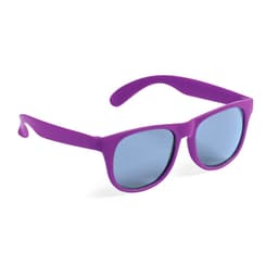 Purple sunglasses with blue lenses, featuring a simple design and a logo on the side.