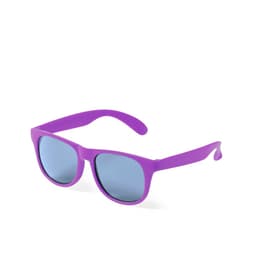 Purple sunglasses with blue mirrored lenses and a simple design, featuring a logo on the side.