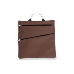 A brown document bag with two zipped pockets and an aluminium handle. It features a simple, sleek design.