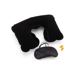 A black travel neck pillow, a black eye mask, and yellow earplugs. The set is designed for comfort and relaxation.