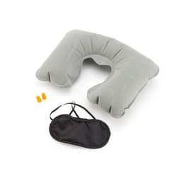 A grey inflatable travel pillow, with orange earplugs and a black eye mask included. It features a logo.