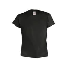A black kids' T-shirt with short sleeves and a branding label at the neck.