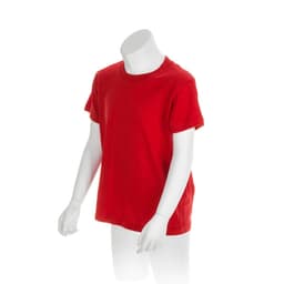 A red kids' T-shirt displayed on a mannequin. The shirt has short sleeves and a round neckline.