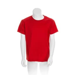 A red children’s T-shirt displayed on a plain mannequin, featuring short sleeves and a crew neck design.