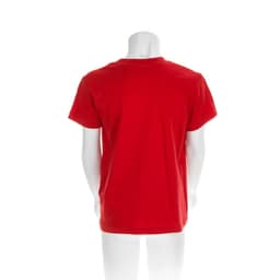 A red children's T-shirt displayed on a mannequin, featuring short sleeves and a plain design at the back.