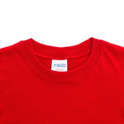 A red children's T-shirt with a round neckline and a brand label inside.
