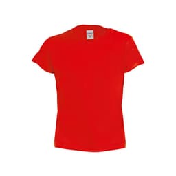 A bright red kids' T-shirt with short sleeves and a label inside, featuring a logo.