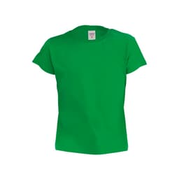 A green T-shirt with short sleeves and a crew neckline, featuring a label inside.