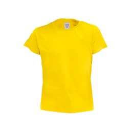 A bright yellow children's t-shirt with short sleeves, featuring a label inside and no visible logos.