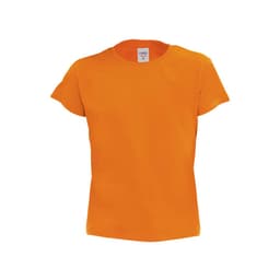 An orange kids' T-shirt with short sleeves, featuring a label and no visible branding.