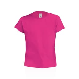 A pink kids' t-shirt with short sleeves and a label inside. The shirt has a simple design and no visible logos.