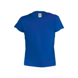 A blue kids' T-shirt featuring a crew neck design and short sleeves, with a label inside.