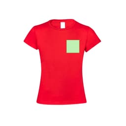 A red kids' T-shirt featuring a green square on the front and a logo on a tag.